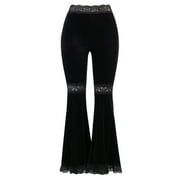 Women Gothic Black Velvet Flare Pants Harajuku Sexy Hollow Out Lace Patchwork High Waist Skinny Bell Bottom Trousers