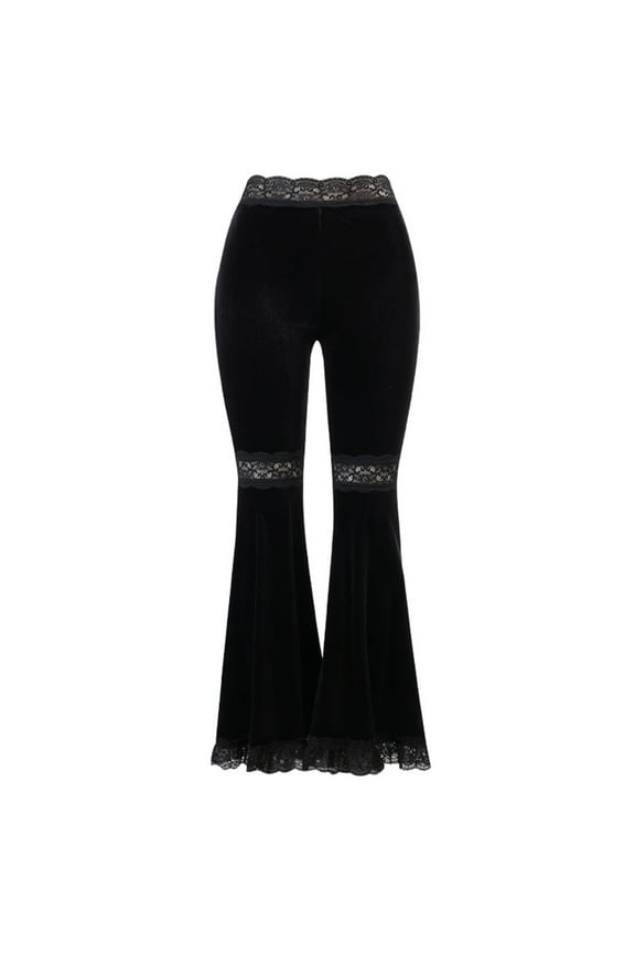 Women Gothic Black Velvet Flare Pants Sexy Hollow Out Lace Bell Bottom Trousers