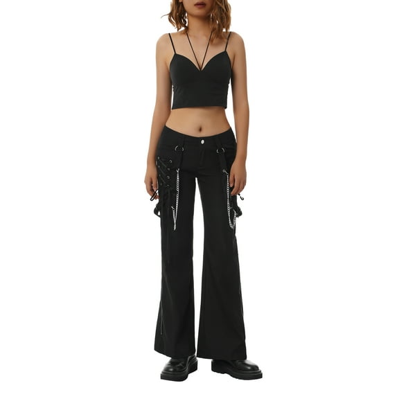 Women Gothic Cargo Pants Loose Low Waist Trousers Wide Leg Baggy Jeans Harajuku Streetwear Punk