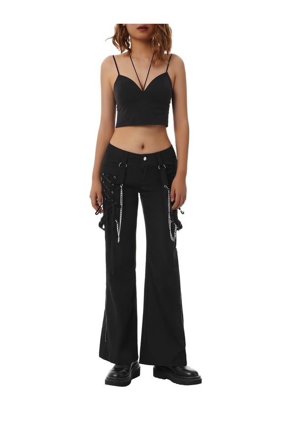 Women Gothic Cargo Pants Loose Low Waist Trousers Wide Leg Baggy Jeans Harajuku Streetwear Punk
