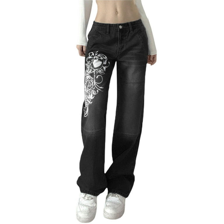 Women Gothic Cargo Pants Wide Leg Baggy Jeans Indie Aesthetic Y2K Low Waist  Pants Denim Harajuku Streetwear Punk 
