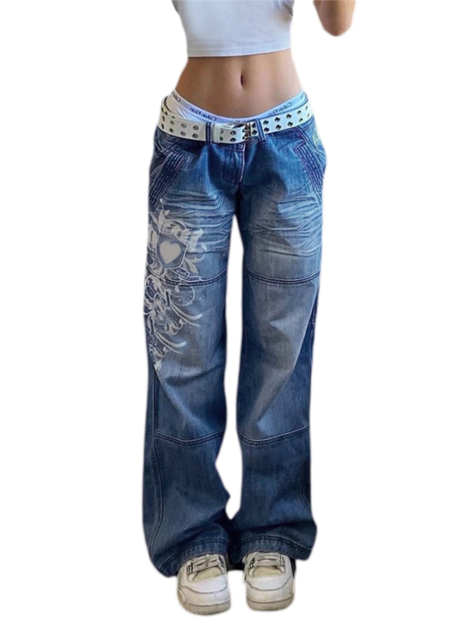 Women Gothic Cargo Pants Wide Leg Baggy Jeans Indie Aesthetic Y2K Low Waist  Pants Denim Harajuku Streetwear Punk 