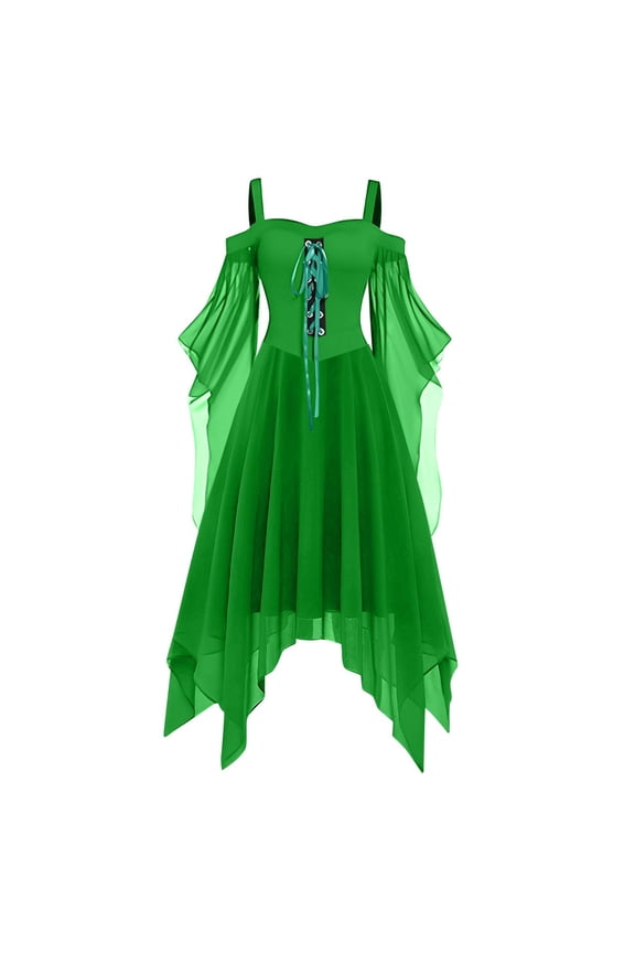 Women Gothic Cold Shoulder Midi Dress, Sheer Flare Bell Sleeve Front Corset Irregular Witch Costume Dress, Adult Halloween Dark Aesthetic Vintage Formal Evening Cosplay Party Outfit(Green-2/L)