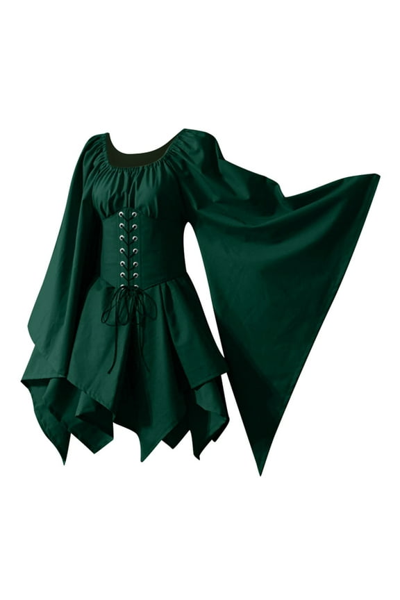 Women Gothic Corset Dress Trumpet Sleeve Irish Shirt Traditional Halloween Elegant Retro Long Sleeve Attire