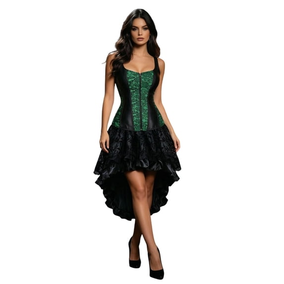 Women Gothic Corset Dress, Vintage Jacquard Bustier Top with High Low Ruffle Skirt Set, Victorian 2 Piece Outfit for Holiday Party and Stage Performance
