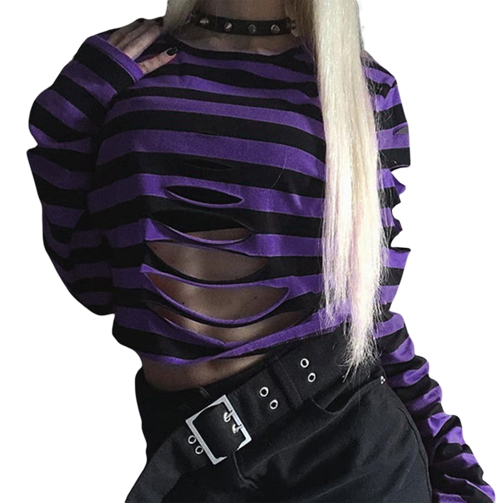 Women Gothic Crop Tops Punk Long Sleeve Round Neck Striped Print