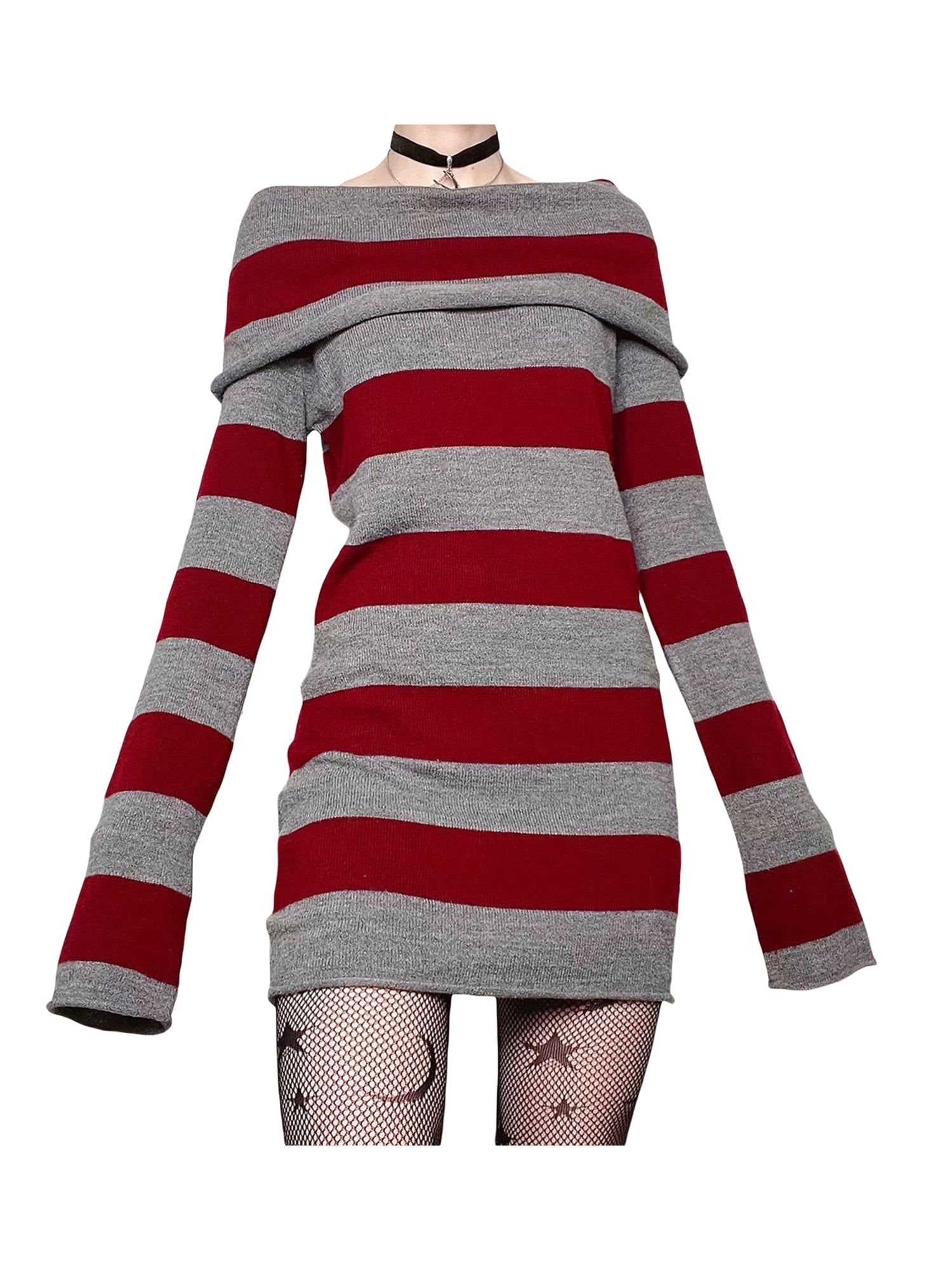 Women Gothic Dress Punk Witch Off Shoulder Striped Knit Dress Y2k Fairy Grunge  Dress Halloween Dark Academia Clothes - Walmart.com