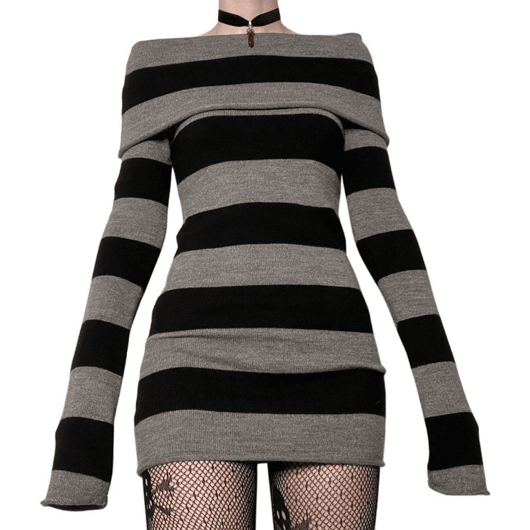 Women Gothic Dress Punk Witch Off Shoulder Striped Knit Dress Y2k