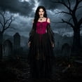 thumbnail image 1 of Women Gothic Dress‑Up Outfit, Cold‑Shoulder Lace‑Up Corset Dress, Mesh Sleeve Irregular Layered Gown for Halloween Party Masquerade, 1 of 5