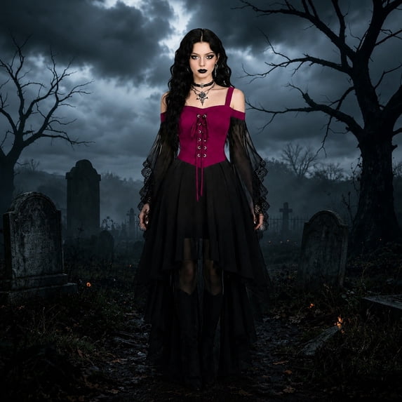 Women Gothic Dress‑Up Outfit, Cold‑Shoulder Lace‑Up Corset Dress, Mesh Sleeve Irregular Layered Gown for Halloween Party Masquerade