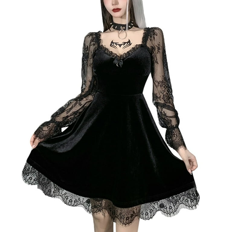 Women Gothic Dress Vintage Velvet Mini Dress Elegant Lace Tirm