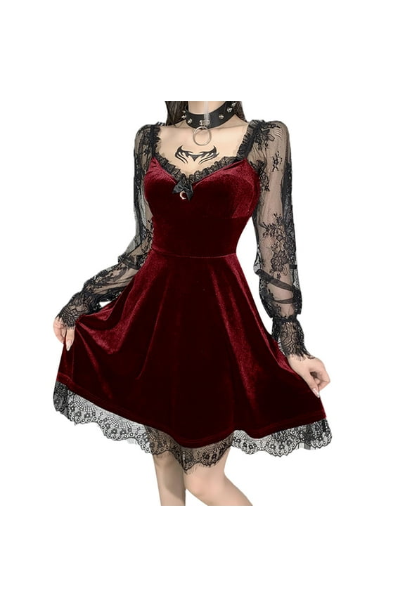 Women Gothic Dress Vintage Velvet Mini Dress Elegant Lace Tirm High Waist Dress Goth Punk Dark Fairy Grunge Dress
