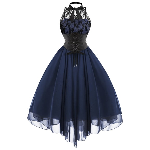 Women Gothic Dress with Corset Steampunk Plus Size formal Sexy Lace Handkerchief Hem Halloween Punk Hippie Dress