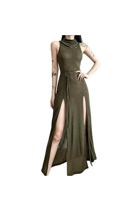 Women Gothic Dresses High Slit Deep V Neck Plus Size Dress Sleeveless Cocktail Thigh Split Maxi Club Party Dresses