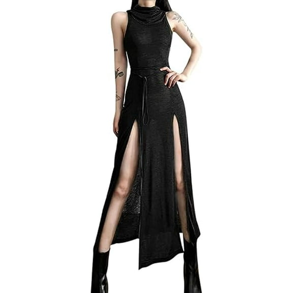 Women Gothic Dresses High Slit Deep V Neck Plus Size Dress Sleeveless Cocktail Thigh Split Maxi Club Party Dresses