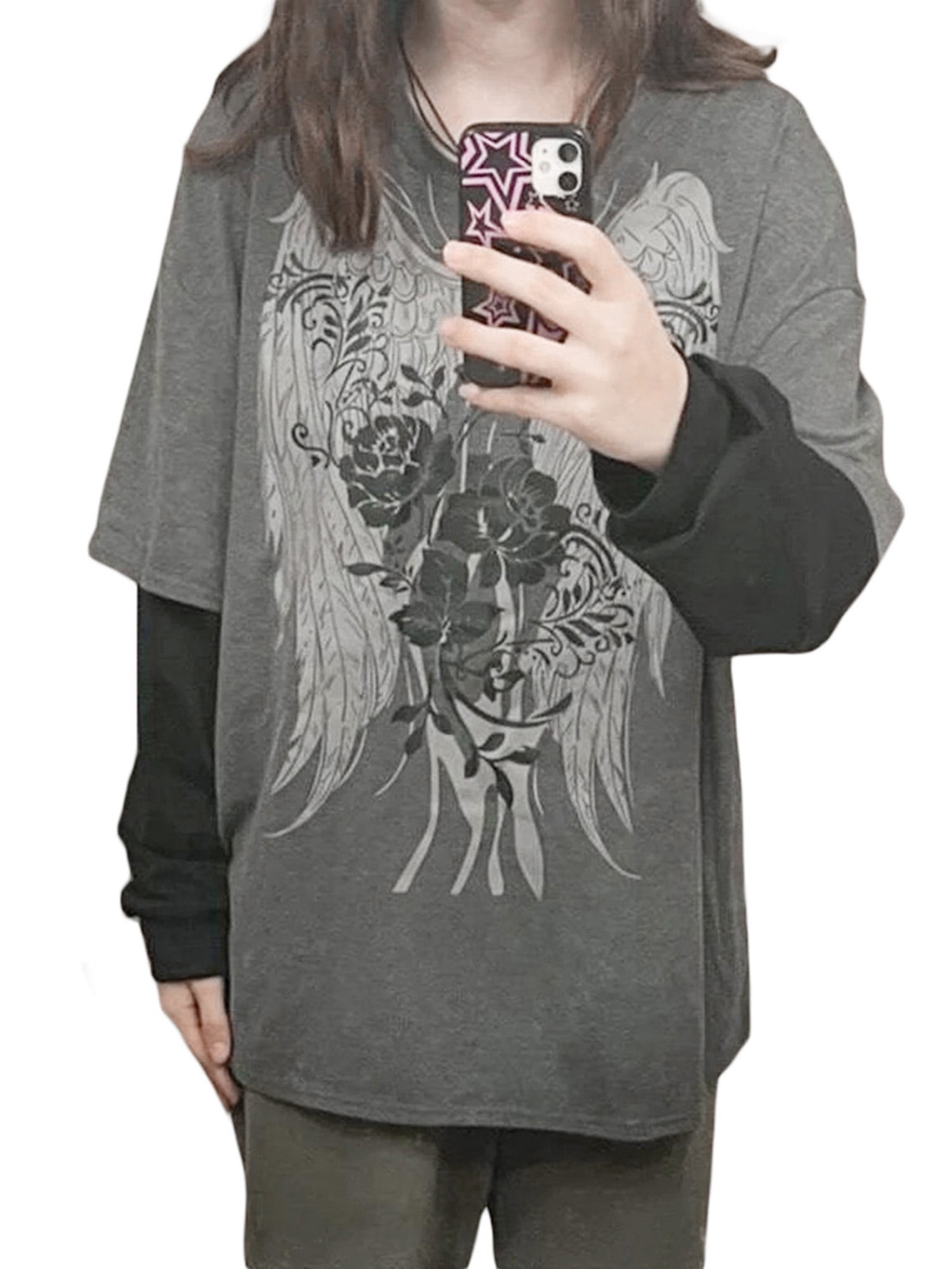 Women Gothic Fake-Two Piece Shirt Y2K Vintage Graphic Long Sleeve