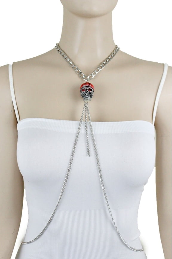 Women Gothic Fashion Jewelry Silver Metal Body Chain Necklace Skull Charm Biker