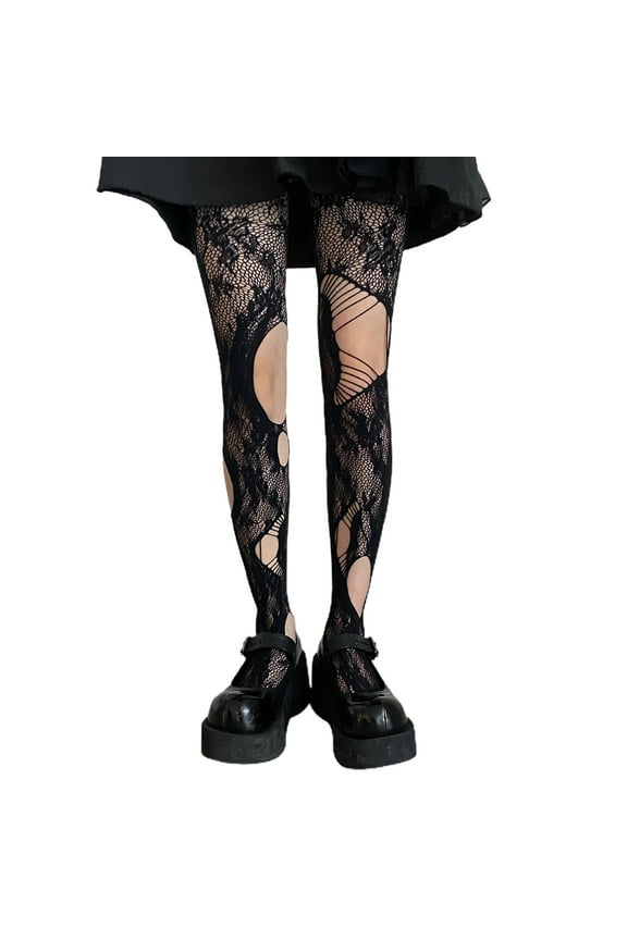 Women Gothic Fishnet Pantyhose Ripped Holes Rose Floral Patterned Mesh Tights