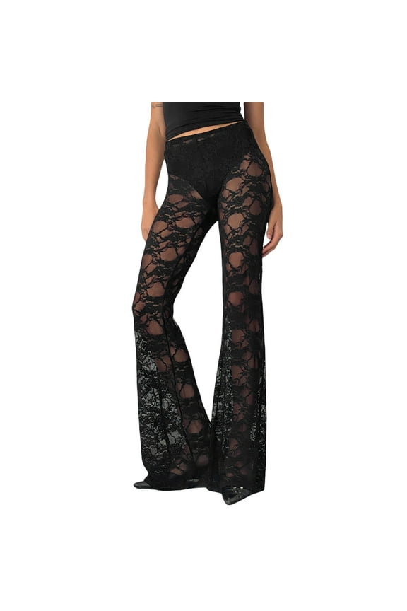 Women Gothic Flare Pants Sexy Sheer Lace See Through Leggings High Waist Bell-Bottoms Trousers Y2k Clubwear Streetwear