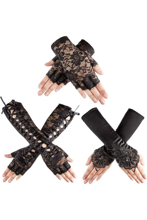 Women Gothic Gloves 3 Pairs Black Lace Fingerless Halloween Bridal Wedding Tea Party Decor 1920s Rock Star Costume Accessories
