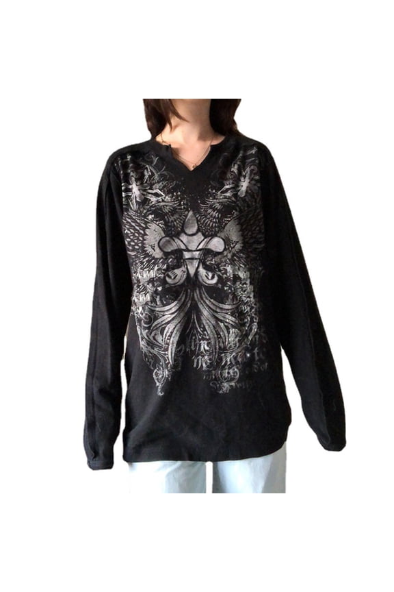 Women Gothic Graphic Print Oversized Sweatshirts Vintage Long Sleeve Casual Pullover Shirts Grunge Fairycore Tops