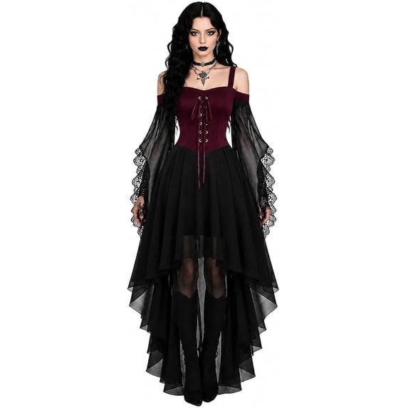 Women Gothic Halloween Costume Dress Medieval Renaissance Renaissance Vintage Cold Shoulder Butterfly Sleeve High-Low Mesh Gown for Halloween Party Cosplay Outfit