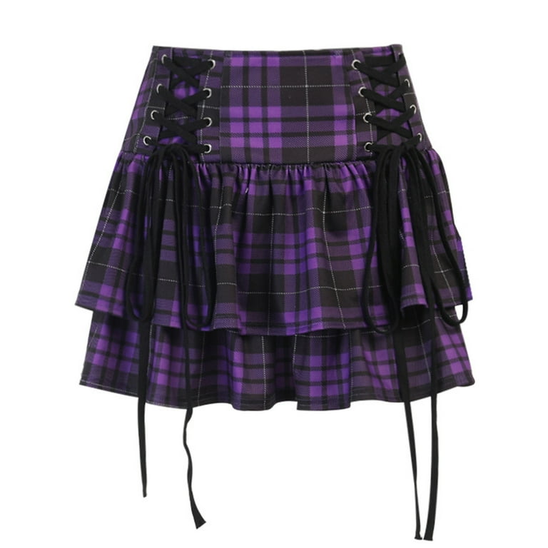 Women Gothic High Waist Plaid Skater Skirt, Double Layer, Vintage