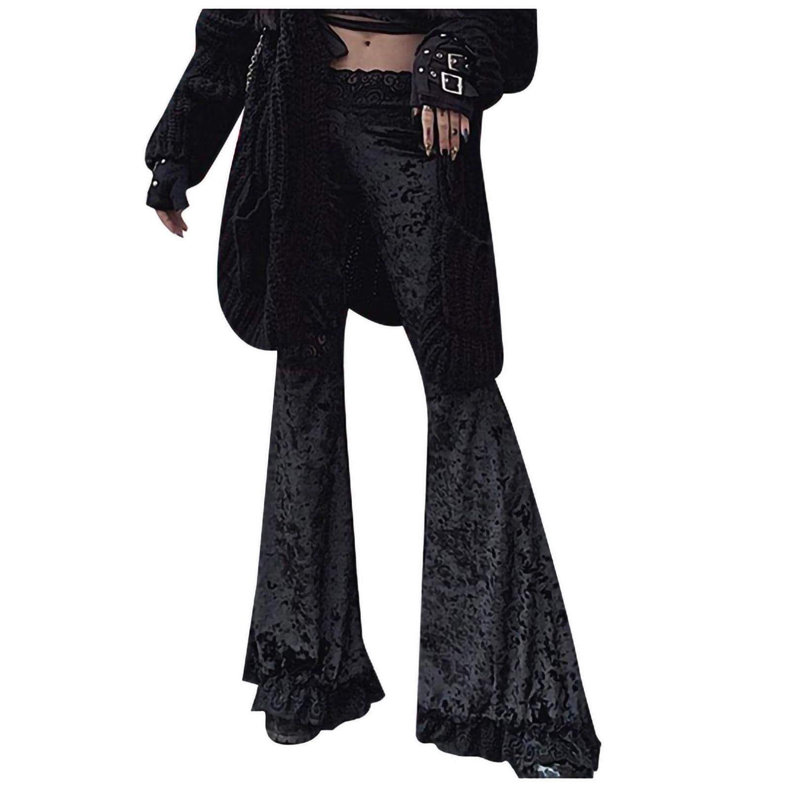 Women Gothic Lace Stitching Flare Pants High Waisted Bell-Bottom Trousers  With Classic Wide Leg