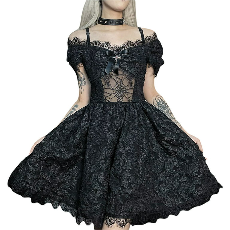 Women Girls Emo Goth Dress Alt Aesthetic Punk Lace Velvet Lolita Dress  Fairy Grunge Clothes
