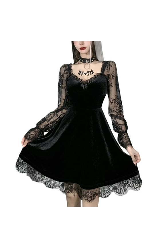 Women Gothic Lolita Punk Goth Dresses Grunge Layered Lace-up Dress Vintage Draped Bodycon Mini Dresses Club Party