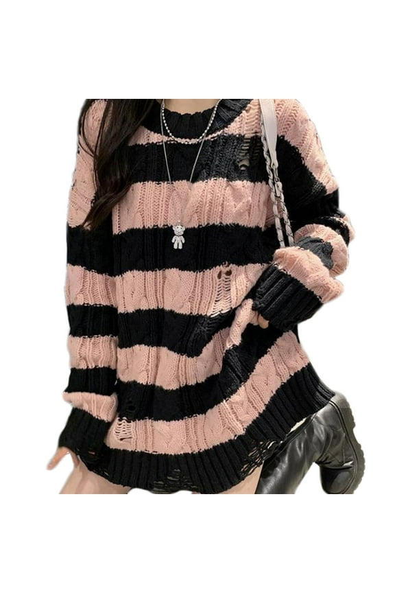 Women Gothic Loose Pullover Jumper Top Cable Knitted Striped Long Sleeve Irregular Ripped Hole Sweater Dress
