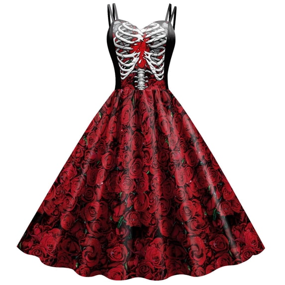 Women Gothic Midi Dress Vintage Renaissance Halloween Cocktail Party Costume Sleeveless V Neck A Line Dresses