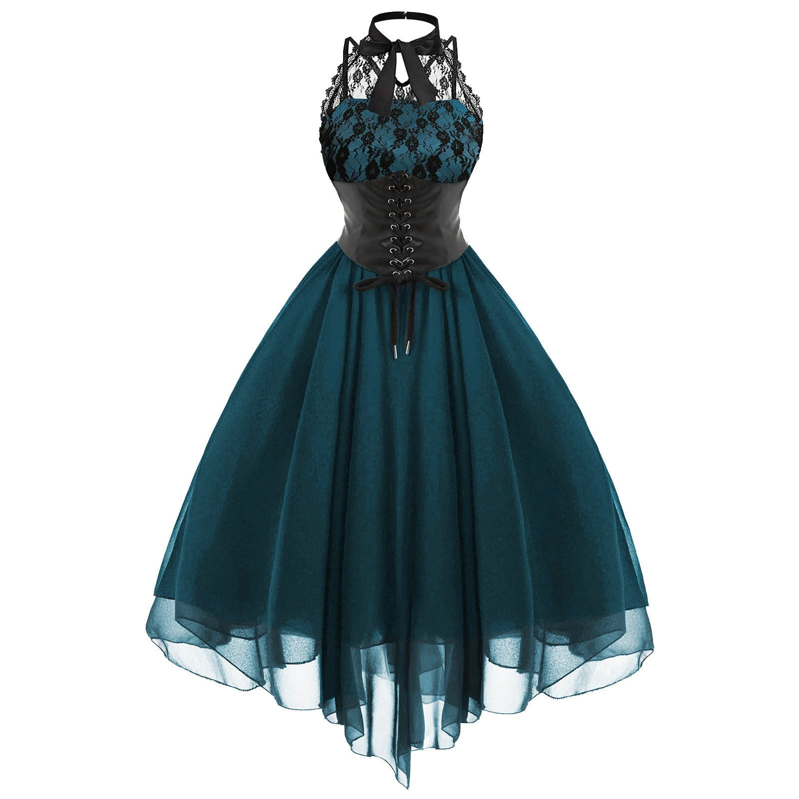 Women Gothic Midi Lace Dress Casual Sleeveless Stitching Chiffon Black  Homecoming Dresses