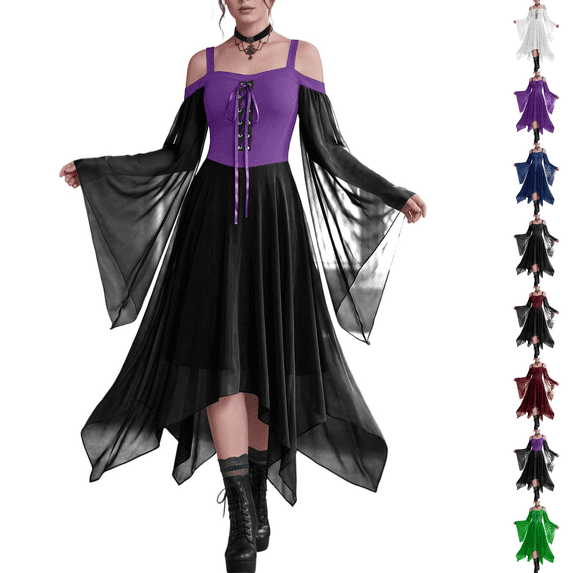Women Gothic Off Shoulder Corset Bell Sleeve Irregular Hem Witch Halloween Midi Dress Dark Purple 2XL