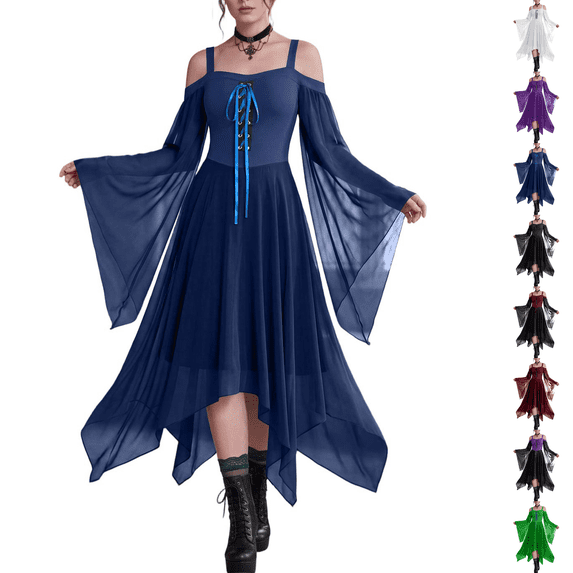 Women Gothic Off Shoulder Corset Bell Sleeve Irregular Hem Witch Halloween Midi Dress Navy M