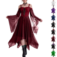 thumbnail image 1 of Women Gothic Off Shoulder Corset Bell Sleeve Irregular Hem Witch Halloween Midi Dress Wine M, 1 of 7