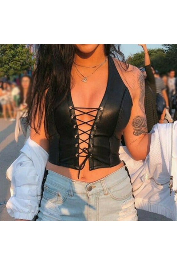 Women Gothic Patent Leather Tank Top Lace Up Wet Look Corset Bra Vest Clubwear