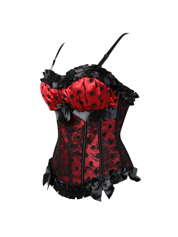 Women Gothic Polka Dot Lace Up Boned Dancing Corset Bustiers Top Red XS
