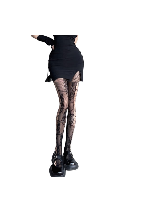 Women Gothic Punk Black Fishnet Pantyhose Harajuku Rose Flower Jacquard Sheer Mesh Tights Side for Cross Hollow Out Lingerie Stockings
