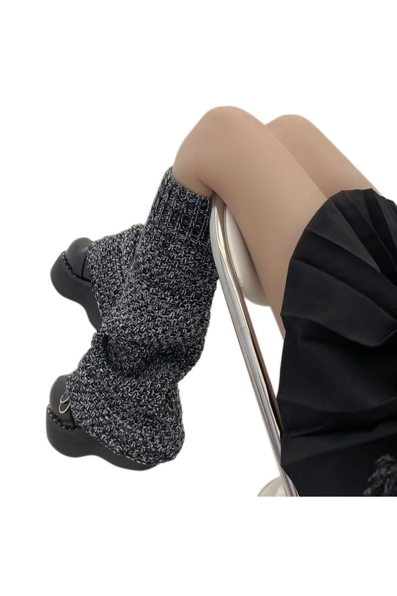Women Gothic Punk Chunky Knit Leg Warmers Harajuku Black Gray Crochet Flared Hem Boot Cover Socks Vintage Wide Leg Loose Knee High Stockings