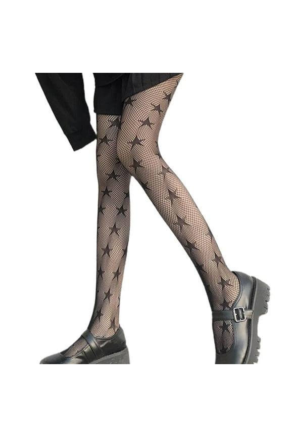 Women Gothic Punk Cool Star Patterned Fishnet Pantyhose Harajuku Lolita Hollow OutSe--Sheer Mesh TightsAn1meStocking