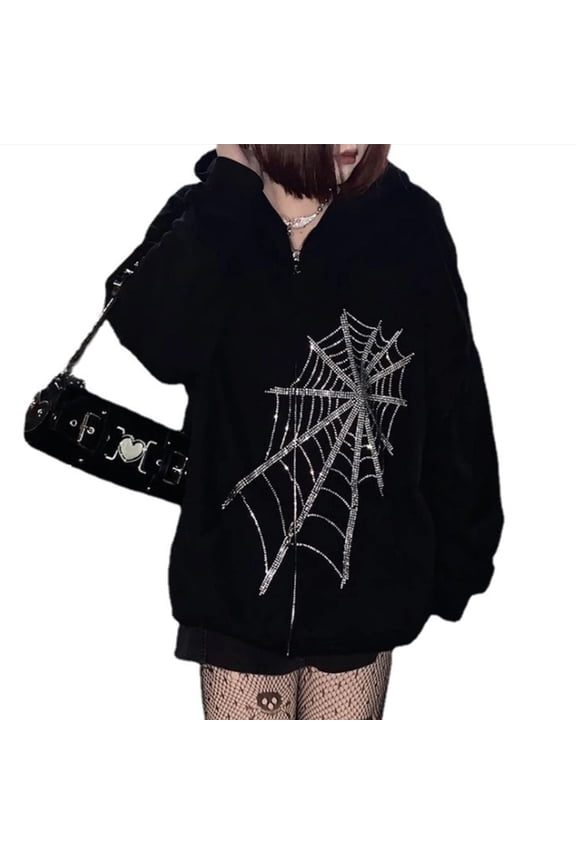 Women Gothic Punk Long Sleeve Hoodies Jacket Harajuku Rhinestone Spider Web Pattern Sweatshirt Coat Zip Up Oversized Top