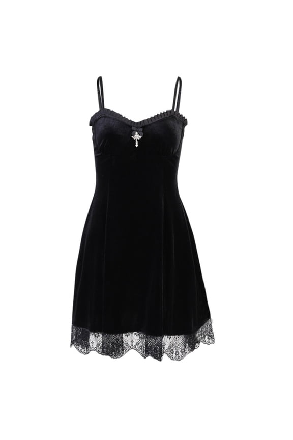 Women Gothic Punk Sexy Velvet Ruffles Lace Trim Cross Sleeveless Slim Mini Dress