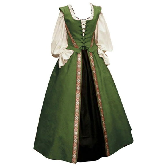 Women Gothic Retro Dresses Celtic Puff Long Sleeve Medieval Maxi Dresses Fashion Renaissance Cosplay Dress with Lace Up