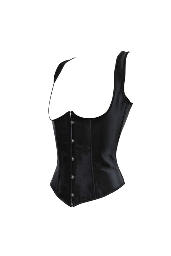 Women Gothic Satin Plus Size Underbust Corset with Shoulder Strap Black 2XL