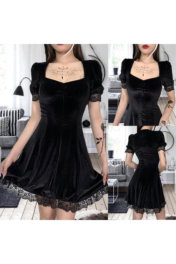 Women Gothic Sexy High Waist Suede Square Neck Lace Trim Black Mini Dress Split Loose Maxi Dress Summer Elegant Dress Sleeveless Dress for Women Casual Dress Top Dress Summer Party Dress Petite Dress