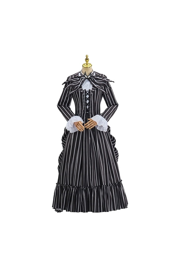 Women Gothic Steampunk Black Striped Rococo Dress Skellington Costume
