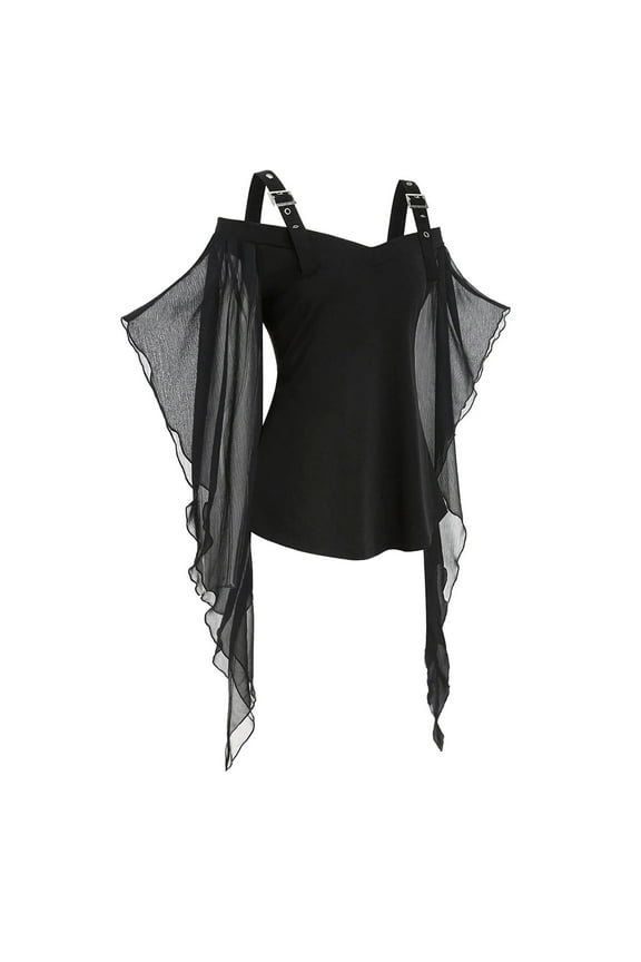Women Gothic Top Buckle Straps Cold Shoulder Mesh Bell Sleeve Witch Halloween Costume Gothic Tee