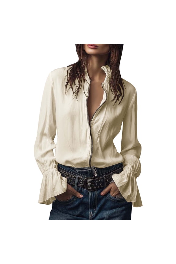 Women Gothic Victorian Blouse Linen Button Front Puff Sleeve Ruffled Flare Cuff Collared Cosplay Vintage Top