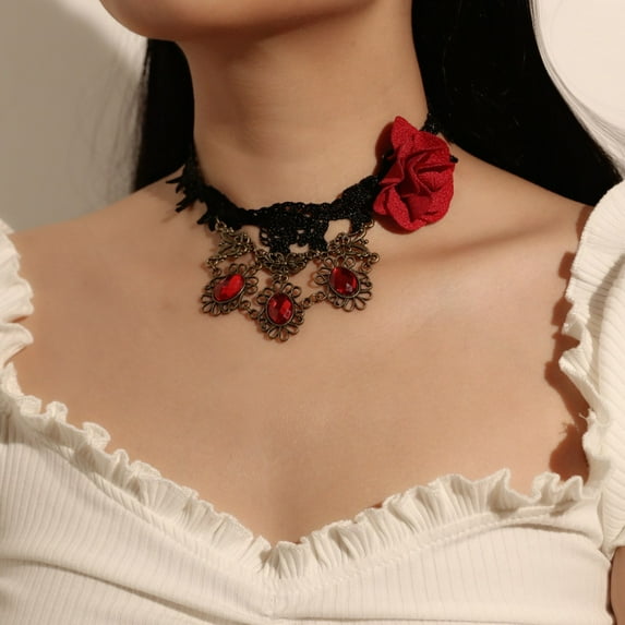 Women Gothic Vintage Lace Collar Choker Rhinestone Necklace Handmade Floral Clavicle Jewelry
